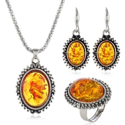 FYJS Unique Silver Plated Oval Shape Ambers Necklace Drop Earrings Resizable Ring Ethnic Style Jewelry Sets