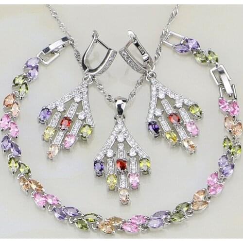 Wholesale 925 Silver Jewelry Multicolor Cubic Zirconia White Stones Jewelry Sets For Women Earrings/Pendant/Necklace/Bracelet