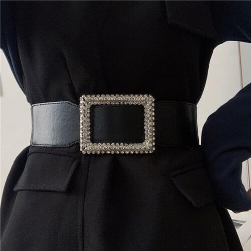 Womens Runway Fashion Diamonds Buckle PU Leather Cummerbunds Female Dress Corsets Waistband Belts Decoration Wide Belt R288