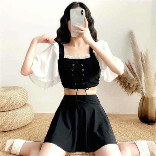 2021 New Hot Popular Flying Sleeve Square Neck Mesh Cross Tie Rope Bow High Waist Sexy Pleated Skirt Halter Small Fresh Swimsuit