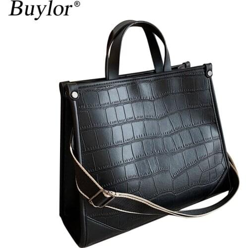 Buylor Women Handbag Fashion Wide Shoulder Strap Stone Grain PU Leather Handbag Large Capacity Ladies Shoulder Bag