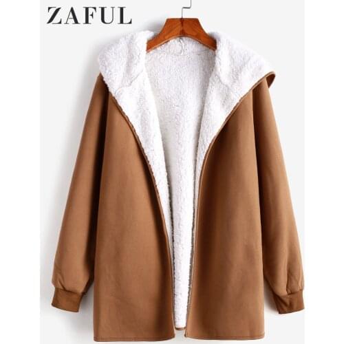 ZAFUL Winter Women Faux Fur Jacket Solid Hooded Fur Jackets Long Sleeve Pockets Casual Warm Coat Parka Female Outwear