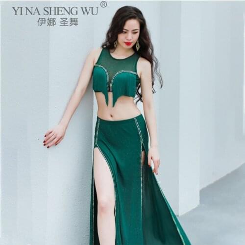 New Belly Dance Suit Sleeveless Tassel Tops Split Long Skirt Profession Performance Clothing Woman Shirt Practice Clothes Set