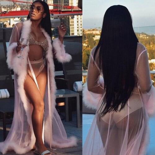 Women Lace Mesh Feather Patchwork Sleepwear Robes Sexy Lingerie Nightwear Babydoll Sleepwear Robe Lady Loose Long Sleeve Robes