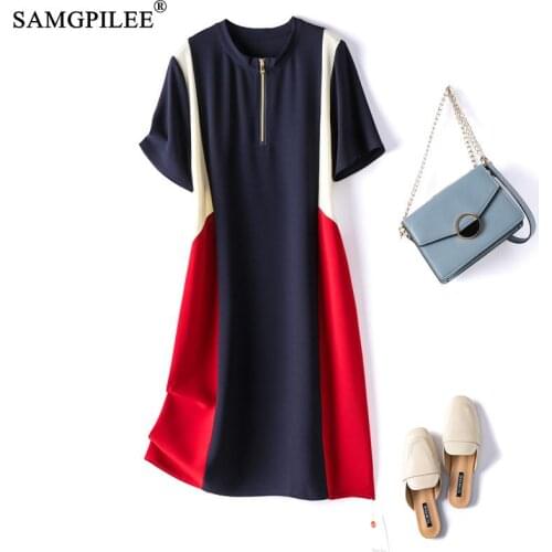 Summer Clothes For Women 2021 New Patchwork Zipper Pullover Casual Loose Korean Style Short Sleeve Drape Dresses Woman Plus Size