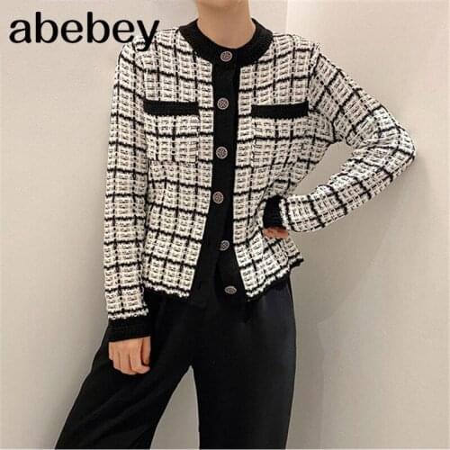 Button Elegant Women Tweed Knittd Sweater Cardigan Korean Fashion Soft Warm Fenmale Color Patchwork O Neck Cardigan