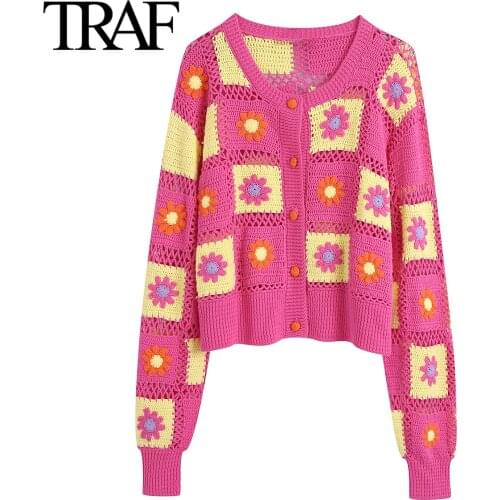 Traf Za Women Fashion Flower Cropped Sweater Coat Autumn Winter Round Neck Loose Button Knit Cardigan Mujer