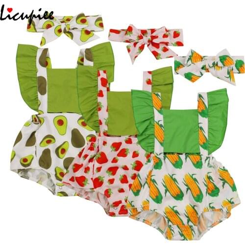 0-18 Months 2 Pcs Newborn Summer Outfits Baby Girls Avocado/strawberry/corn Fly Sleeve Square Collar Romper + Bowknot Headband