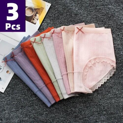 3Pcs/Pack Cotton Womens Panties Elastic Soft Lace Large Size L-XXXL Ladies Underwear Breathable Bow Sexy High Waist Briefs