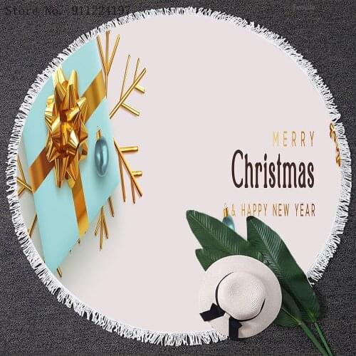 3D Printed Gift Box Card Beach Towels Summer Round Beach Towel Microfiber Golden Bow Pattern Bath Towels Christmas Gifts