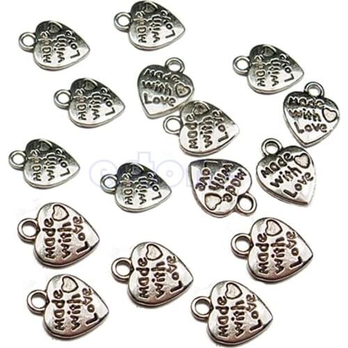 50pcs/set Fashion Metal MADE WITH LOVE CZ Heart Charms Pendants Necklace Beads for DIY Big Hole Beads Bracelets Charms