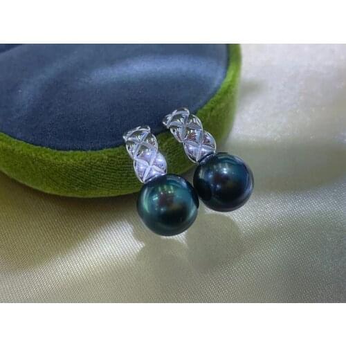 925 Sterling Silver 8-9MM Tahiti Southsea Black Color Round Pearl Earrings Nice Party Wedding Women Female Girl Gift