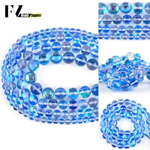 A + Natural Blue Austrian Crystal Beads For Jewelry Making Diy Round Glitter MoonStone Beads Bracelet Necklace 6 8 10 12mm 15