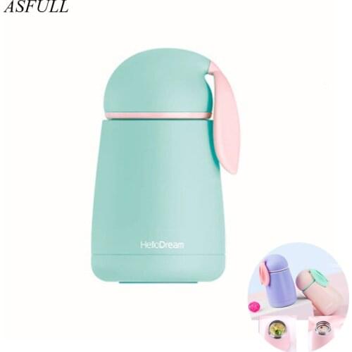 ASFULL Cute Rabbit Thermos Cup Water Bottles For Children Double Wall Stainless Steel Pink Cover With Lid Gift Vacuum Flask