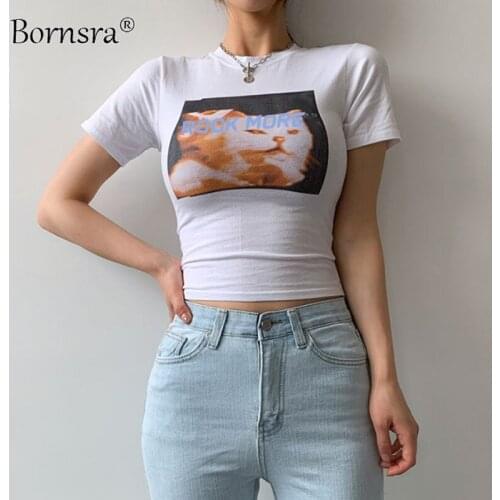 Bornsra 2021 T-shirt Female Short Cat Print T-shirt Female Umbilical Slim Round Neck Bottoming Top COTTON Regular Top Women