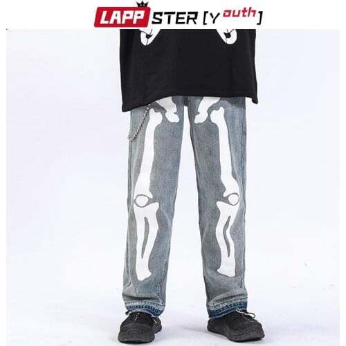 LAPPSTER-Youth Men Skeleton Printed Streetwear Jeans 2021 Spring Mens Punk Hip Hop Japanese Denim Pants Male Black Baggy Joggers