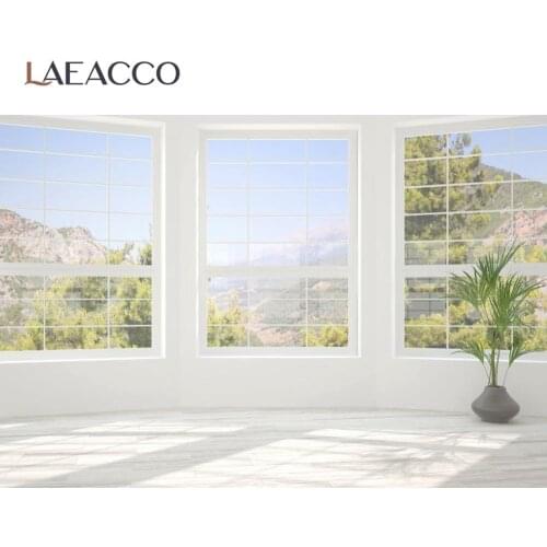 Laeacco White Gray Room Window Sunshine Empty Interior Mountain Scenic Photo Background Photographic Backdrop For Photo Studio