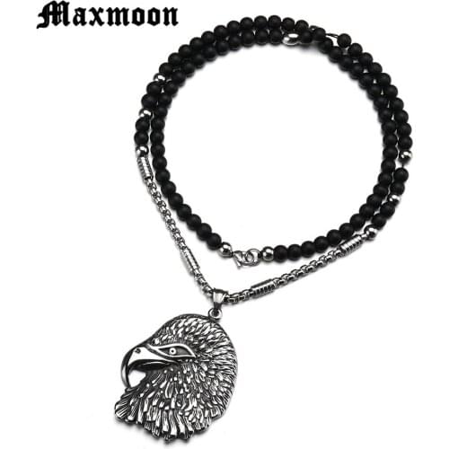 Maxmoon Eagle Head Stainless Stell Necklace Pendant for Men Stainless Steel Metal Beads Necklace Punk Jewelry