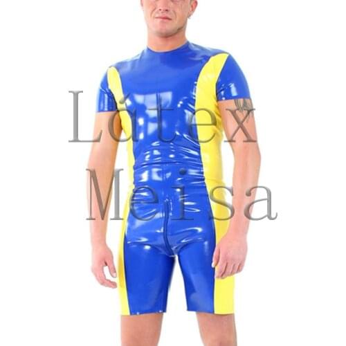 Mens latex zentai round neck bodysuit short sleeveless catsuit with back zip to abdomen in blue with yellow trims decorations