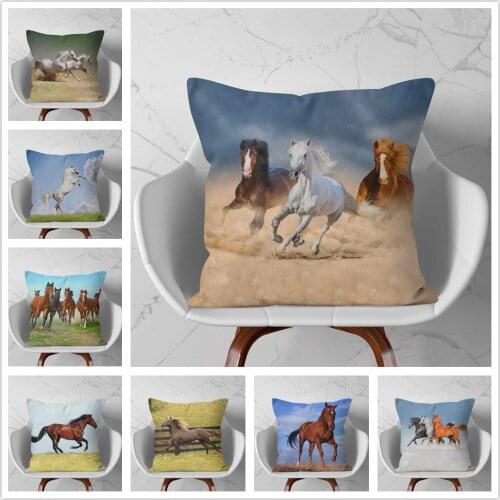 Grassland Horse Running Pattern Soft Short Plush Cushion Cover Pillowcase Home Sofa Car Decoration Pillowcase 45X45 Cm