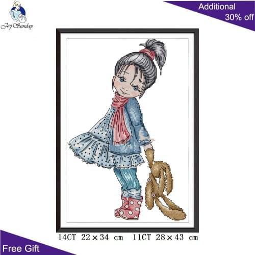 Joy Sunday Lovely Girl Cross Stitch KB042 14CT 11CT Counted and Stamped Home Decor Little Girl Taking A Walk Cross Stitch kits
