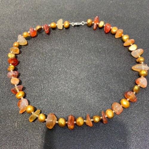 Natural fresh water pearl and agate mixed necklace brown 925 sterling silver beads and lock fine women jewelry classic style