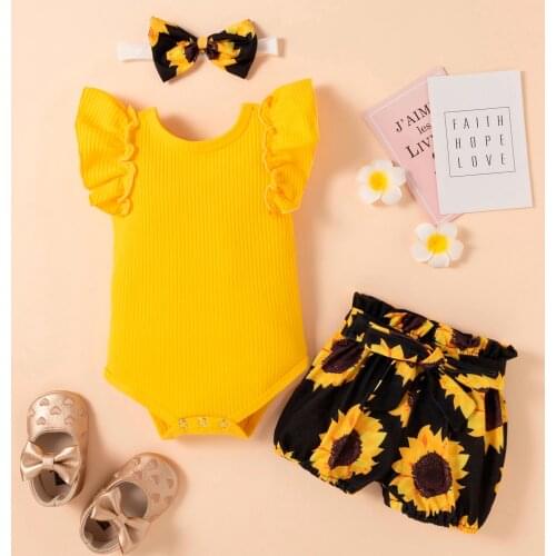 Newborn Baby Girls Clothes Infant Kids Ribbed Bodysuit Romper+floral Shorts +headband Set Baby Girl Outfits 6 9 12 18 Months