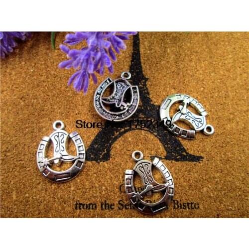 15pcs--Cowboy Charms, Antique Tibetan Silver Cowboy Boot and Horseshoe charm pendants 19x24mm