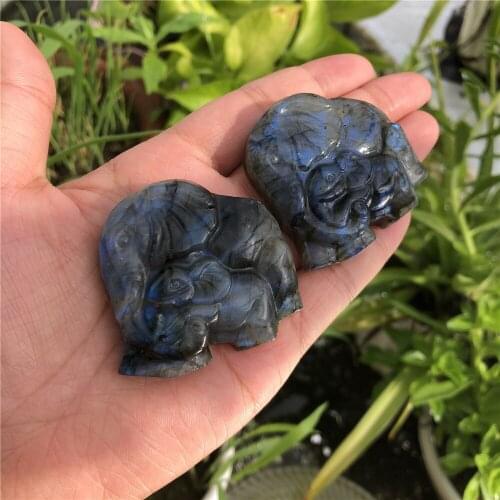 Natural Stone Labradorite Elephant Family Carved Animal Home Decoration Ornament Crystal Gift Fashion Jewelry