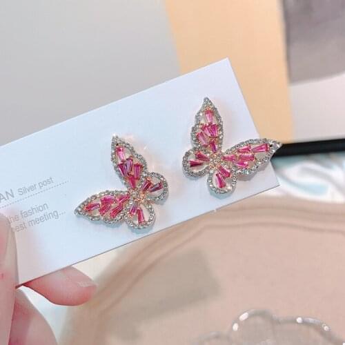 Luxury Crystal Pink Butterfly Stud Earrings For Women Lady 2020 New Delicate Wedding Party Jewelry Earings Birthday Gifts
