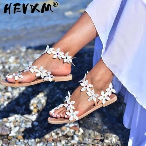 2021 New Summer Ladies Shoes Women Sandals White Flowers Flat Sandals Women Bohemian Casual Beach Shoes for Woman 42 43