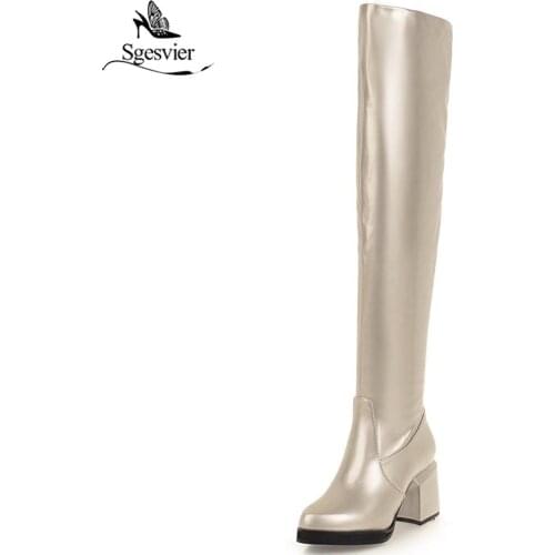 Sgesvier Short Plush Patent Leather Square Heels Women Over The Knee Boots Winter Round Toe Solid Basic Zip Long Boots OX797