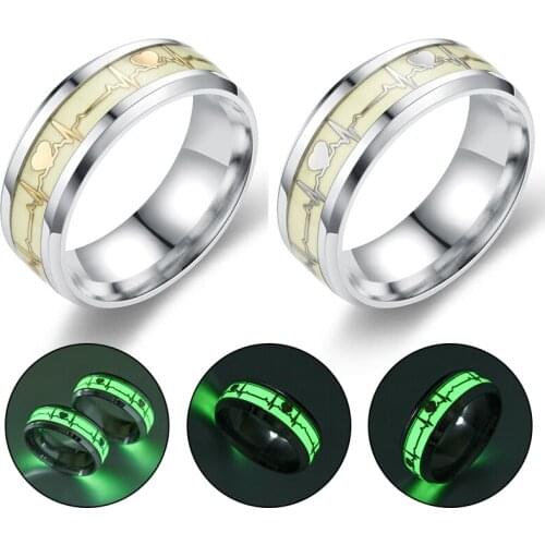 Heartbeat Luminous Rings Women Men Stainless Steel Fluorescent Glowing In dark Finger Wedding Bands Jewelry Gift Accessories