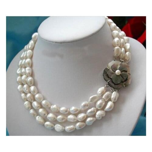 Unique Pearls jewellery Store 3row 7-9mm White Baroque Freshwater Cultured Pearl Necklace Fine Jewelry Women Gift