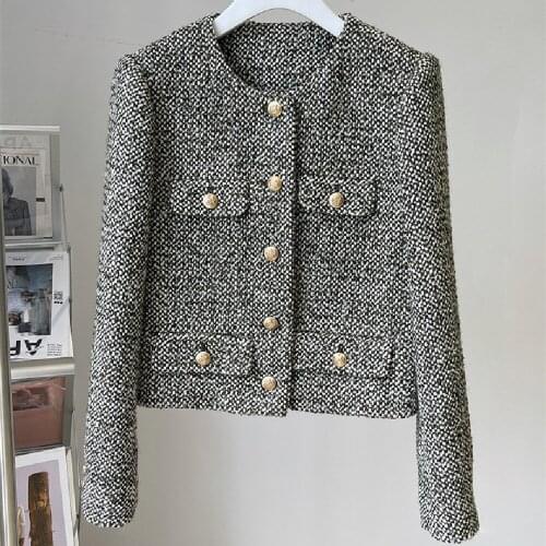Autumn New Designer Womens High Quality 80%Wool O-neck Tweed jackets C918