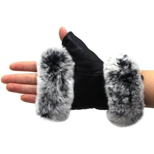 JKP Autumn Winter Womens Plaid Fingerless Gloves 100% Real Rex Rabbit Hair Real Sheepskin Mittens