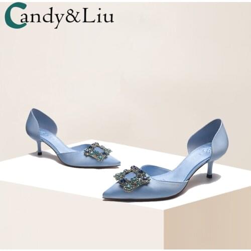 Small Fresh Light Blue High-heeled Shoes Womens Sweet Satin 5cm Hollow Stiletto Heel Pointy Shoes In Spring and Summer of 2021