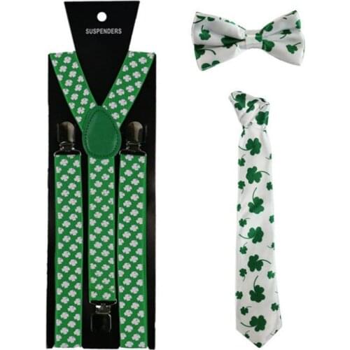 Hot sale new strap clip bow tie suit suspenders with four-leaf clover print three-piece adult strap suit
