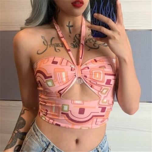 Women Sexy Y2K Aesthetic Halter Crop Top Abstract Printing Sleeveless Backless Hollow Out Vest Tank Top Pink Kawaii Clothes