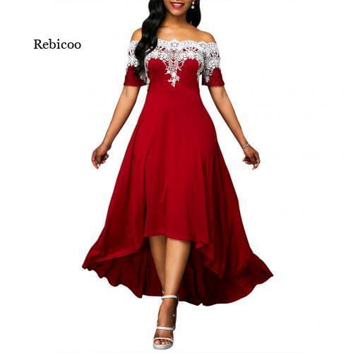 Plus Size Women High Low Dress Party Lace Patchwork Off Shoulder Short Sleeve Lace Stitching Irregular Women Dress New