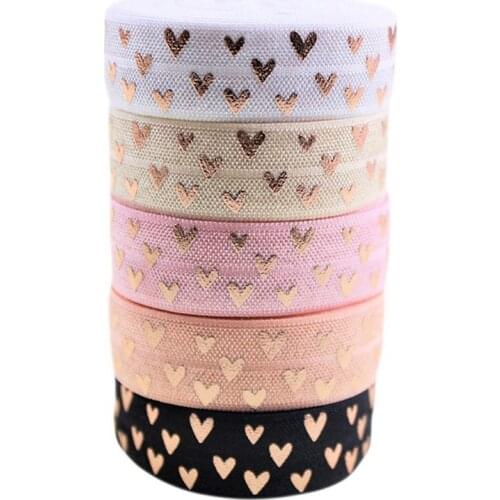 100yards 5/8"16mm Rose Gold foil Hearts FOE fold over elastic heart ribbon for wedding Valentine design welcome custom printed
