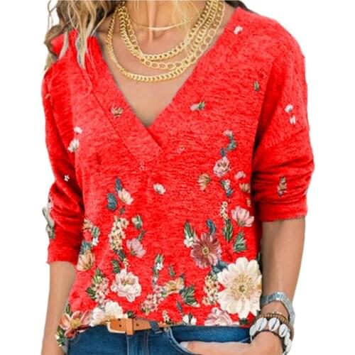 2021 Women T shirt Fashion Deep V Neck Vintage Floral Print Top Tee Long Sleeve Pullover T-shirt женские футболки