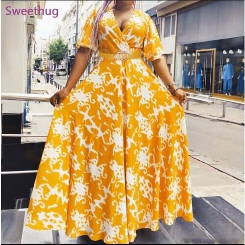 3XL African Print Party Dress Women Large Sizes Robe 2021 Spring Summer Long Dresses Short Sleeve Chiffon Muslim dress with belt