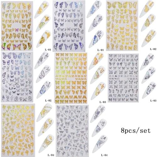 5/8/9/11PCS Holographic 3D Butterfly Nail Art Stickers Adhesive Sliders DIY Golden Nail Transfer Decals Foils Wraps Decorations