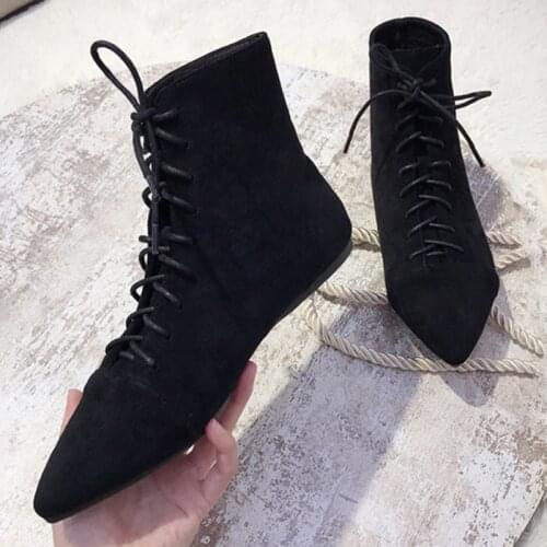 Small Booties female flat heels pointed ankle boots women plush cowboy Fashion botines winter cross tied nubuck velvet snow bota