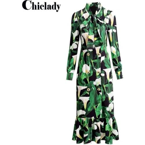 CHICLADY Autumn Fashion Runway Mermaid Party Midi Dress Women Long Sleeve Bow Collar Floral Print Button Elegant Dress VESTIDOS