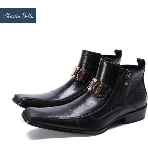 Christia Bella Solid Men Shoes Genuine Leather Boots New Fashion Chain Simplicity Square Toe Boots Large Size Short Boots