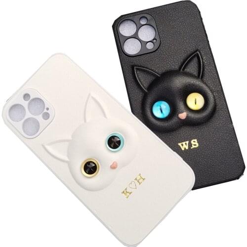 For iPhone 7 7plus 8 8plus 11 12 Mini Pro X XR XS Max Cute 3D Cartoon Cat Eyes Customize Name Letter Bronzing Phone Case