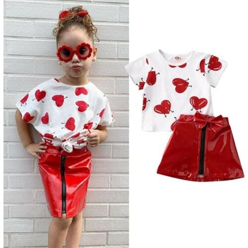 Cute Toddler Kid Baby Girl Valentine Clothes Summer Short Sleeve Love Top T-shirt PU Leather Mini Skirt Outfit Kids Party Sets