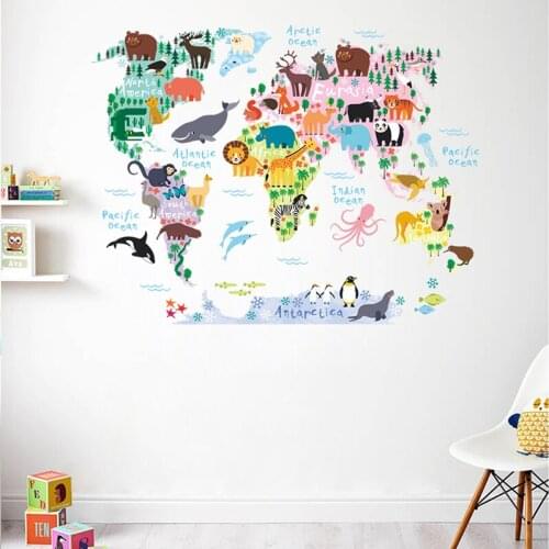 Hot Animals World Map Wall Stickers Kids Room Kindergarten Classroom Decoration Home Decor DIY Wall Safari Mural Art Decals